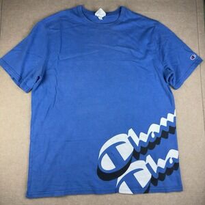 Champion XL Blue Graphic Logo T-Shirt Men's Big Script Print Streetwear Tee‎